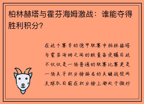 柏林赫塔与霍芬海姆激战：谁能夺得胜利积分？
