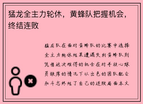 猛龙全主力轮休，黄蜂队把握机会，终结连败